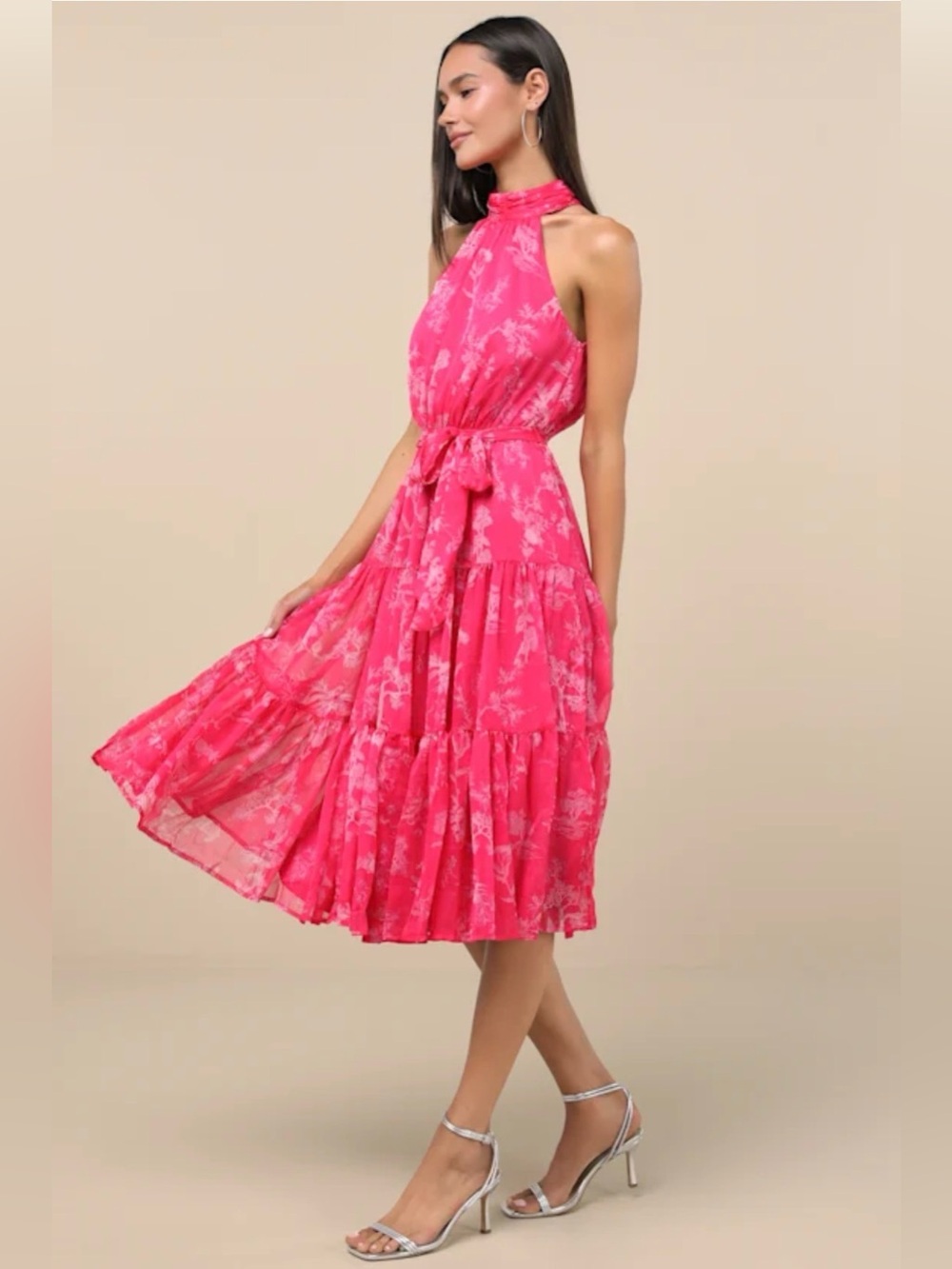 Lulus Float to You Hot Pink Floral Print Halter-Neck Tiered Midi Dress in Size S - Picture 3 of 9